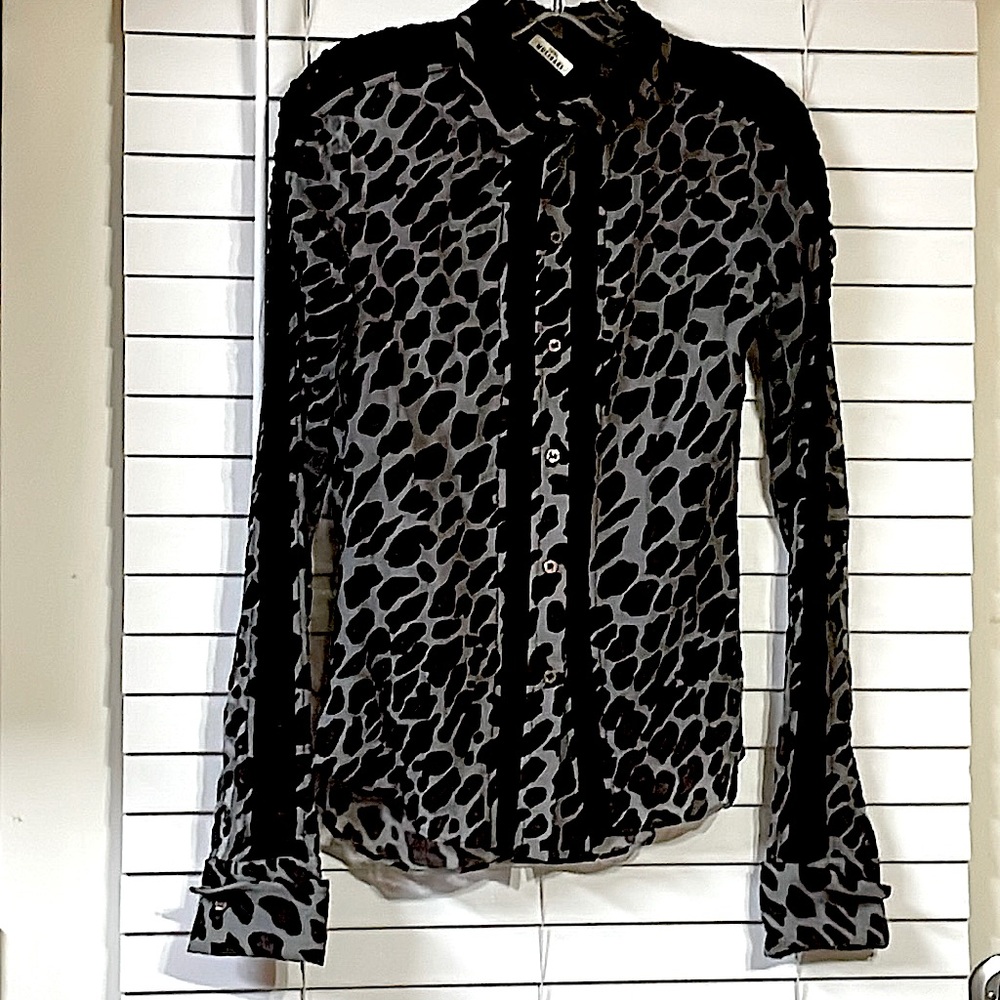 Gorgeous ANNA MOLINARI Black Grey LEOPARD Shear BLOUSE XS-S!
